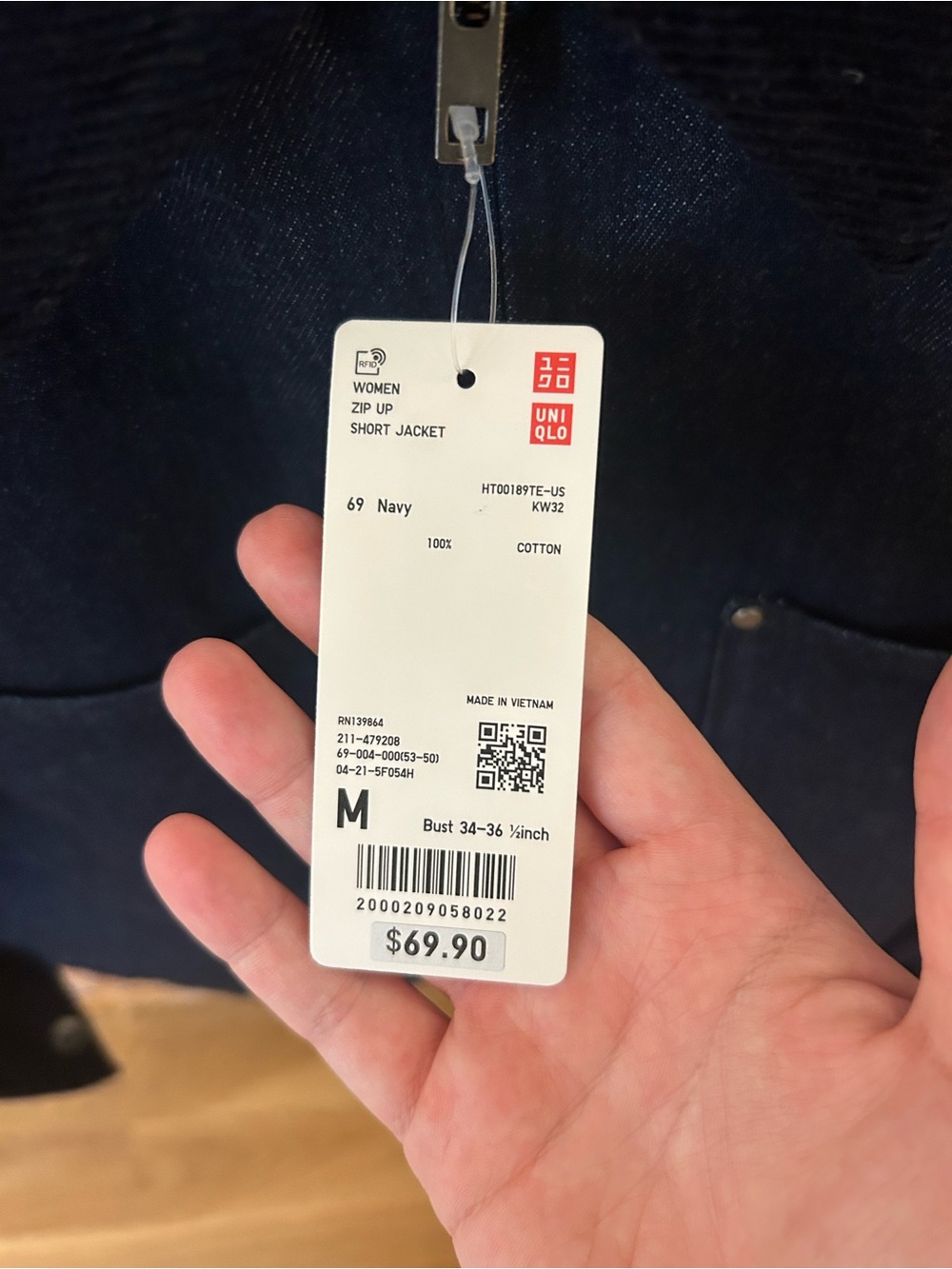 Uniqlo zip-up short jacket in navy/rinse/dark denim - new with tags - Picture 10 of 10